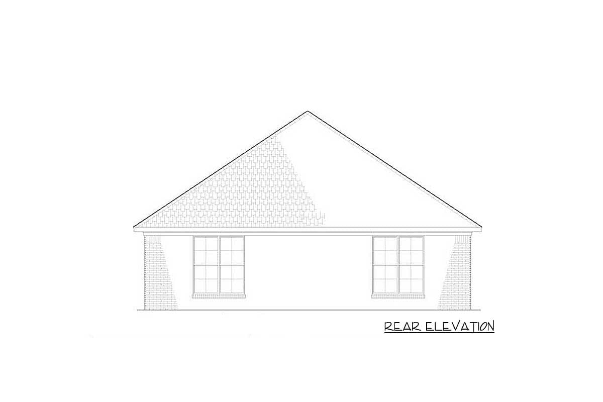 Rear elevation drawing of a house plan with a symmetrical gable roof, two windows, and brick accents.