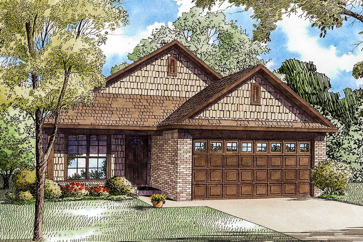 House plan exterior: Ranch style with brick base, shingle siding, prominent gables, and a two-car garage. 119 characters.