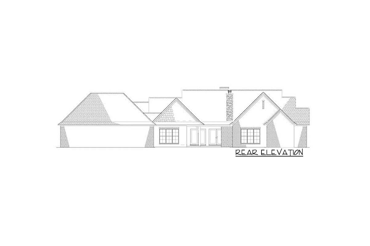 Rear elevation drawing of a house plan featuring multiple gables, a prominent brick chimney, and double doors.