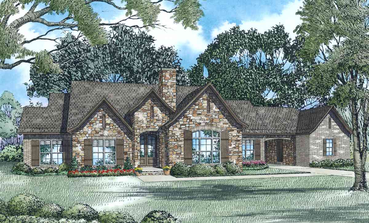 House plan exterior of a one-story home with stone and brick facade, gabled dormers, arched windows, and a side-entry garage.