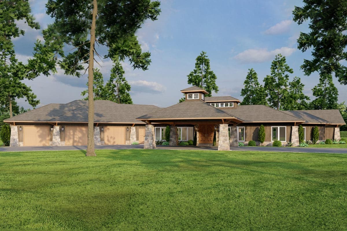 House plan exterior. Single-story Modern Farmhouse with porte-cochère, stone accents, wood siding, and a central cupola.