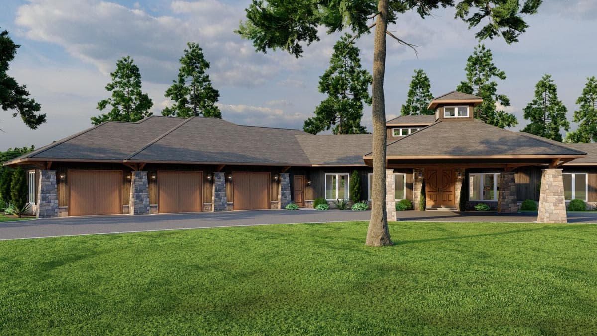 House plan exterior: Single-story Ranch with porte-cochère entrance, four-car garage, stone accents, and layered rooflines.