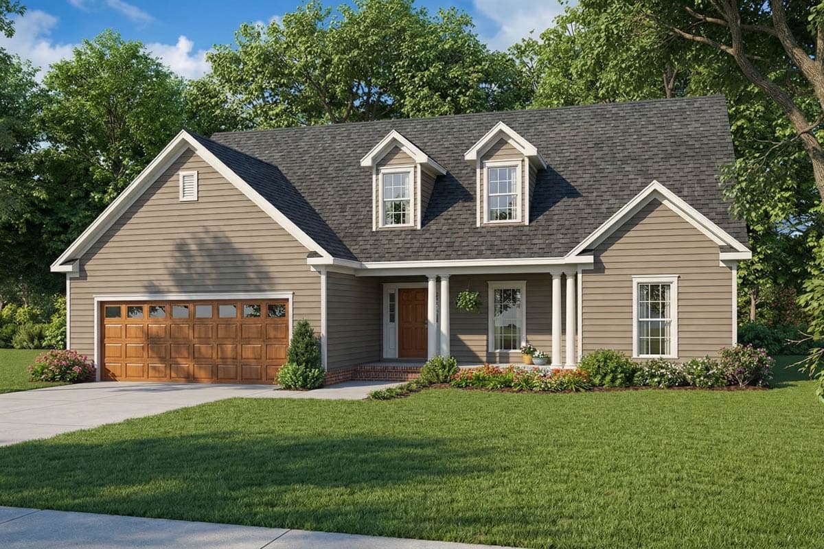 A two-story house with a brown exterior, a gray roof, and a lush green lawn. The house has a garage and a front porch with white columns.