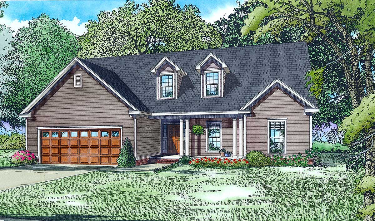House plan exterior: One-story ranch with attached garage, front porch with columns, and dormers.