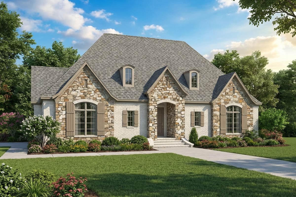 House plan exterior. One-story home with stone and white brick facade, arched entryway, gabled dormers, and decorative shutters.