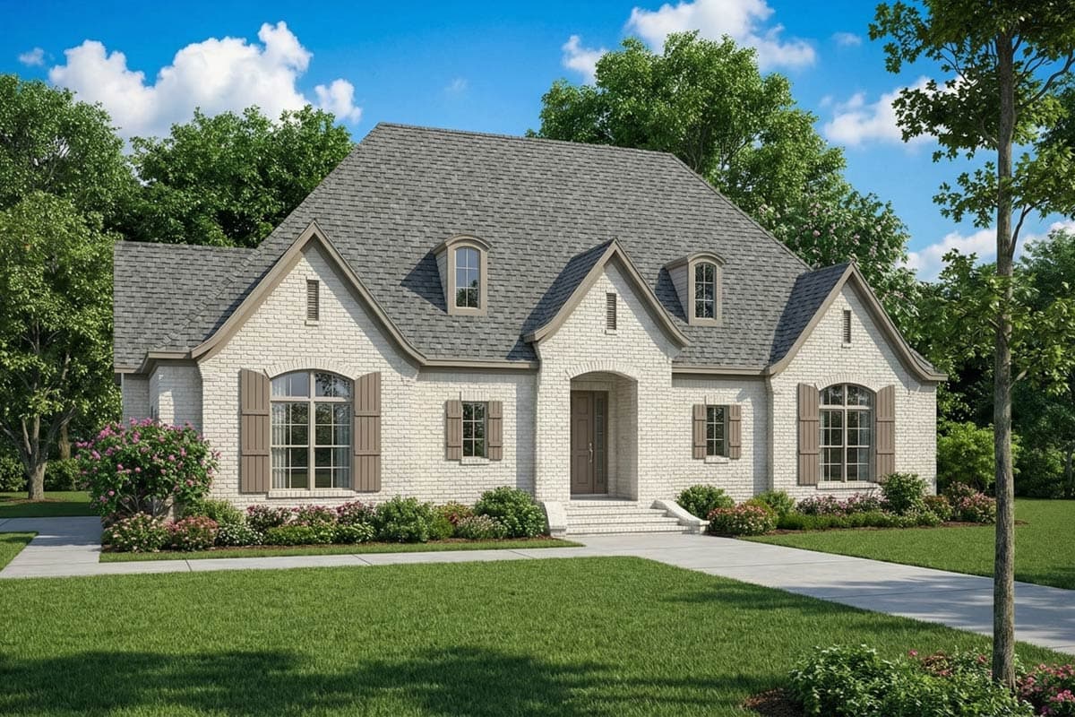 A two-story, white brick house with a gray shingle roof sits on a well-manicured lawn with landscaping. The entrance has a covered portico.