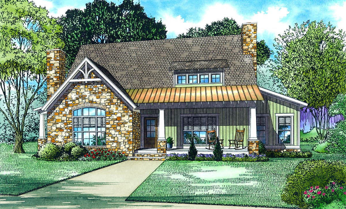 House plan exterior: One-and-a-half story modern farmhouse with stone facade, gabled dormer, and covered front porch with metal roof.