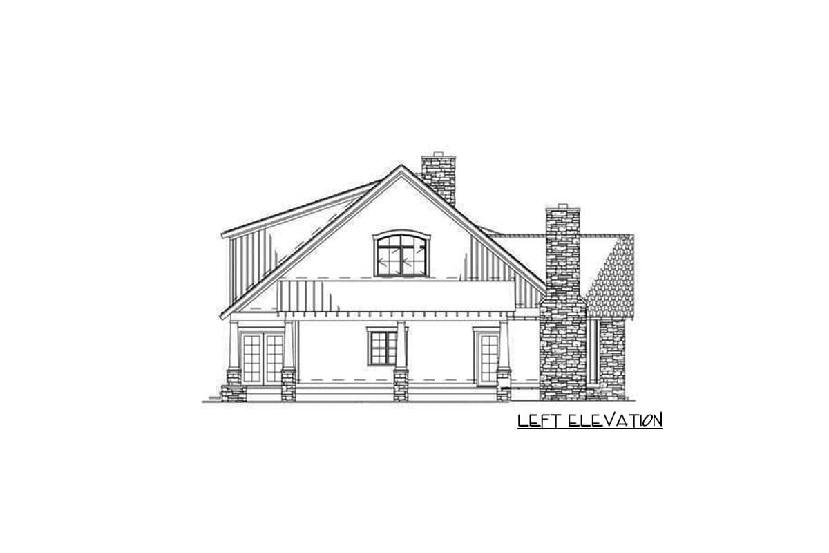 Left elevation house plan with stone chimney, covered porch, and arched window.