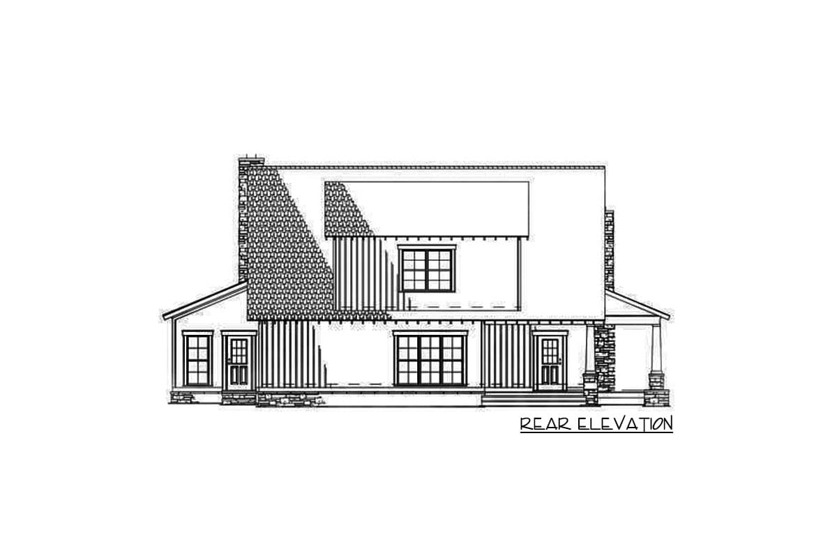 Rear elevation house plan drawing showing a two-story house with a prominent roofline, multiple windows, two doors, and a stone chimney.
