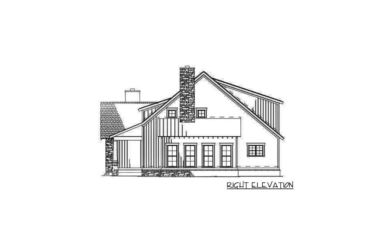 Right elevation house plan with stone chimney, gables, dormers, covered porch, and multi-pane windows.