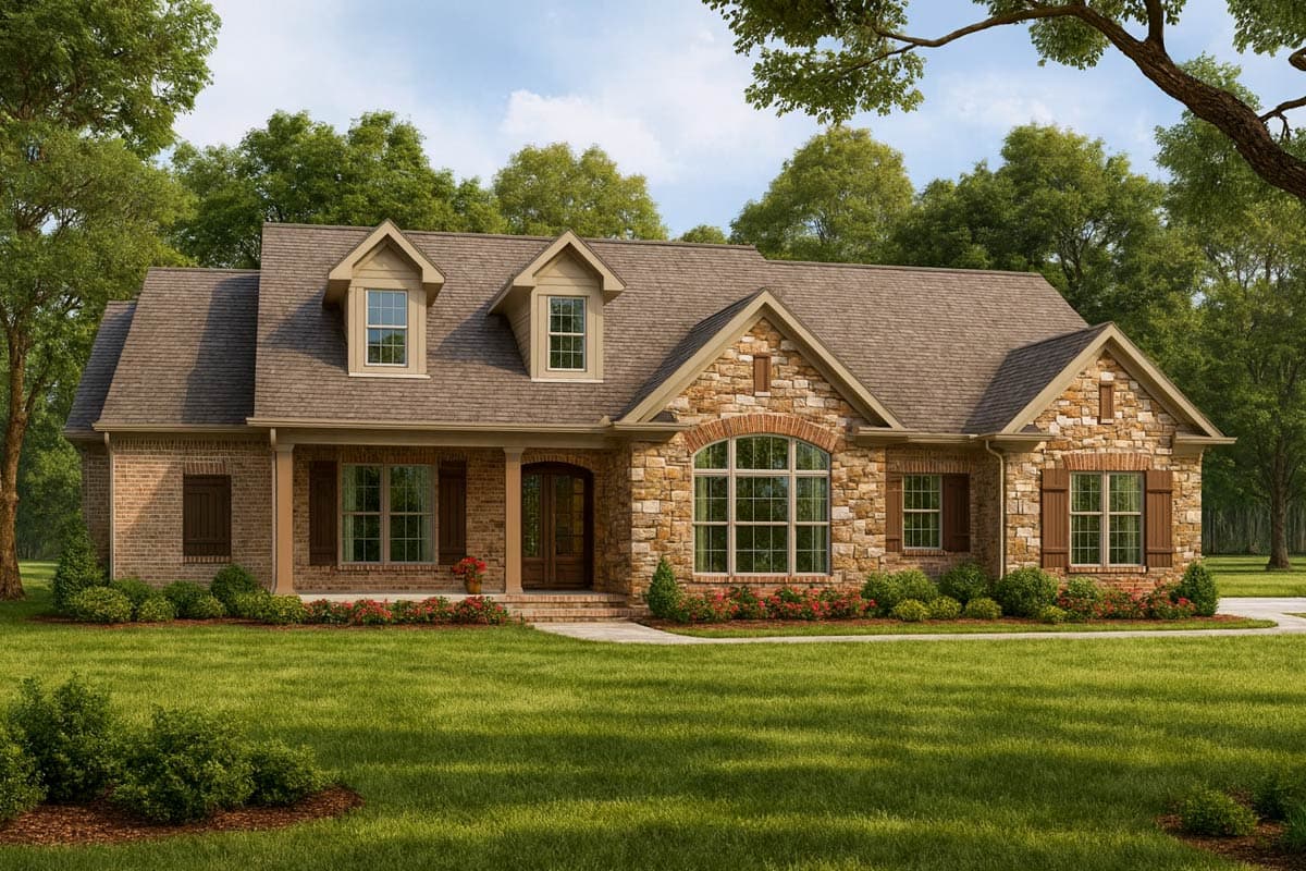 House plan exterior with stone and brick facade, two stories, gables, dormers, and a covered porch.