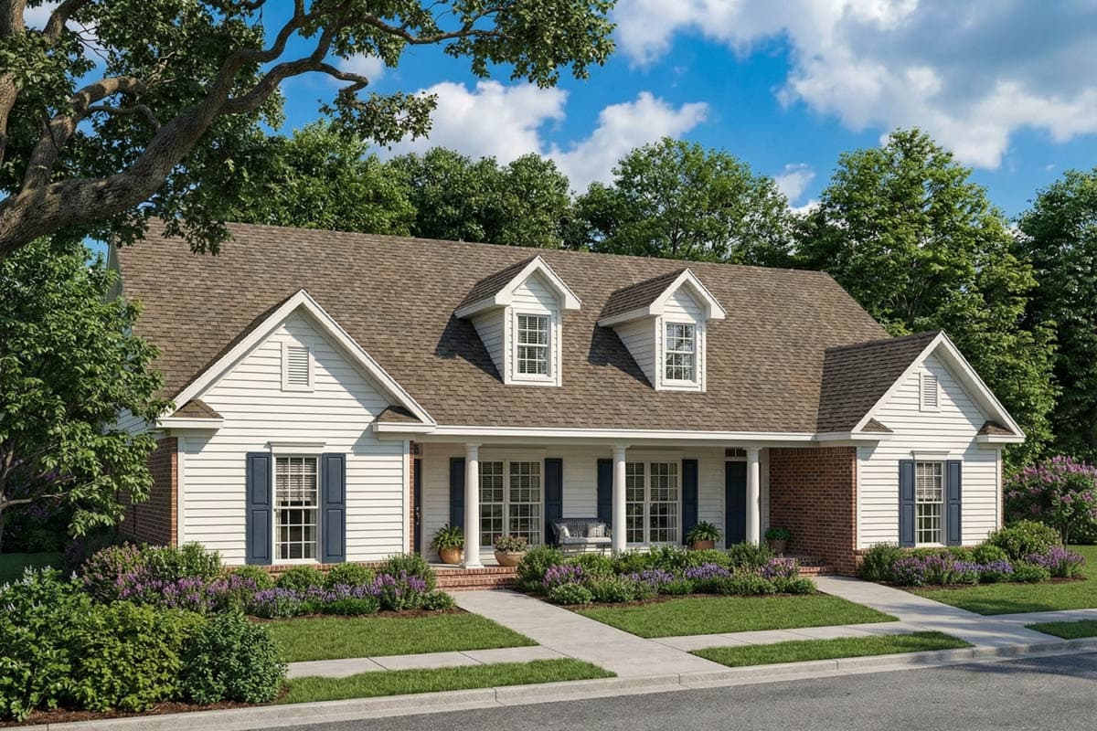 A white, two-story house with a covered porch, blue shutters, and dormer windows, surrounded by green trees and landscaping.