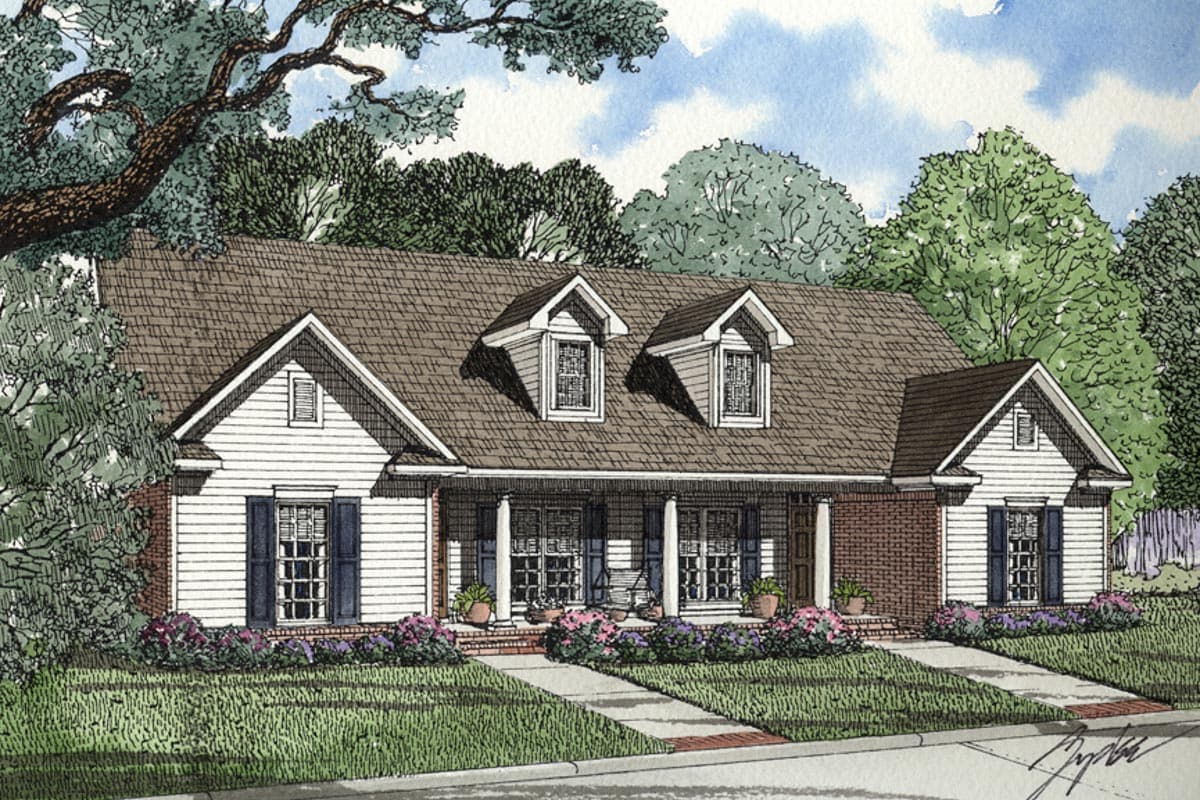 House plan exterior: one-and-a-half story with a gabled front, central porch, and two dormer windows.