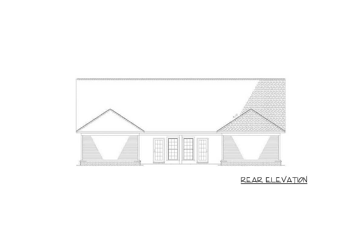 Rear elevation drawing of a house plan, showing a central section with two double doors flanked by gabled porches with horizontal siding.