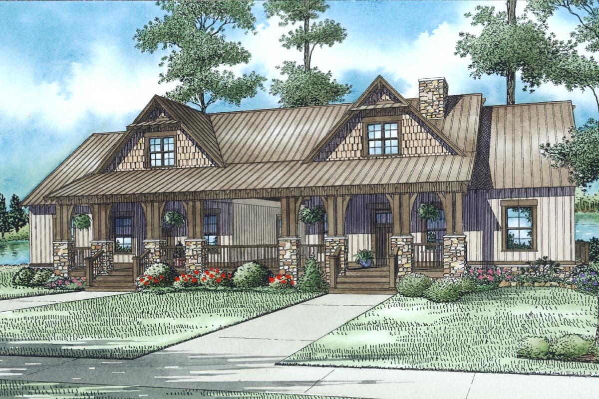 House plan exterior, one-story modern farmhouse style with full-width porch, gabled dormers, stone accents, and metal roof.