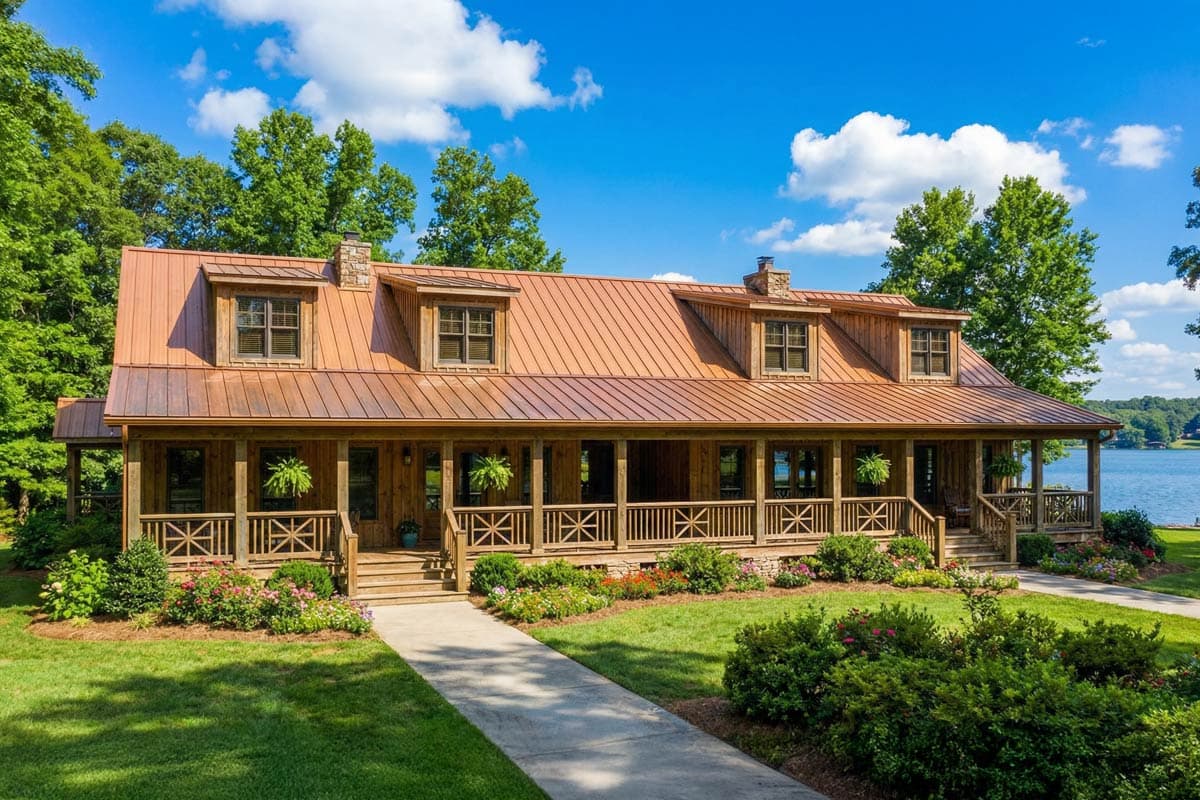 House plan exterior of a two-story Modern Farmhouse with a wraparound porch, metal roof, dormers, and stone chimneys.