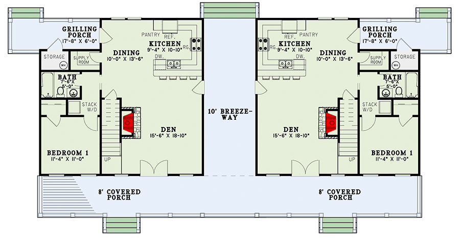 Plan 60646ND: Rustic Mountain Cabin Duplex Home Plan - 1451 Sq Ft 3 Bedroom Units - Floor Plan - Main Level - Cabin, Country, Craftsman, Mountain, Northwest, Rustic