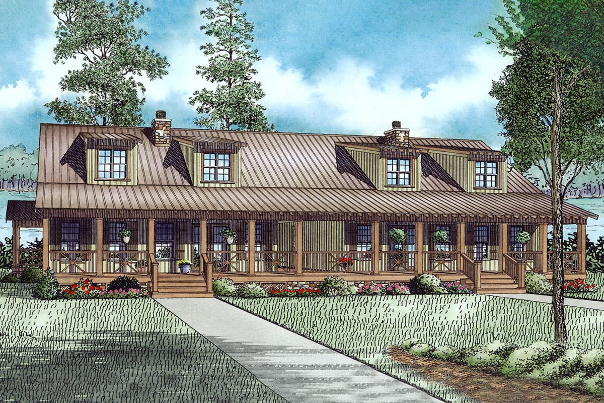 House plan exterior featuring a metal roof, wraparound porch, and multiple dormers on a one-story structure.