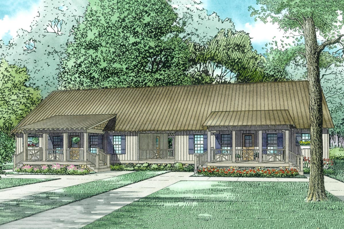 House plan exterior drawing: single-story home with two covered front porches, metal roof, and vertical siding.