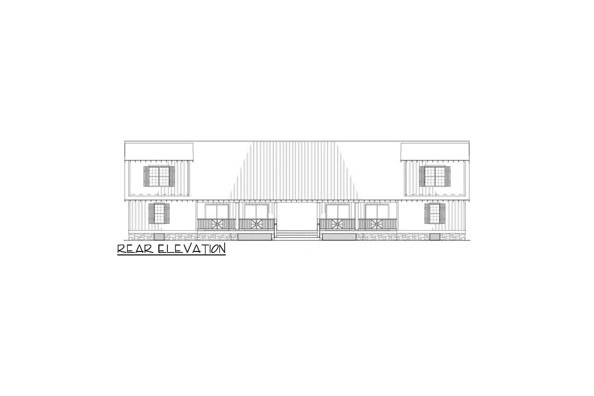 Rear elevation drawing of a two-story house with a central gable, double porch, and symmetrical window placement.
