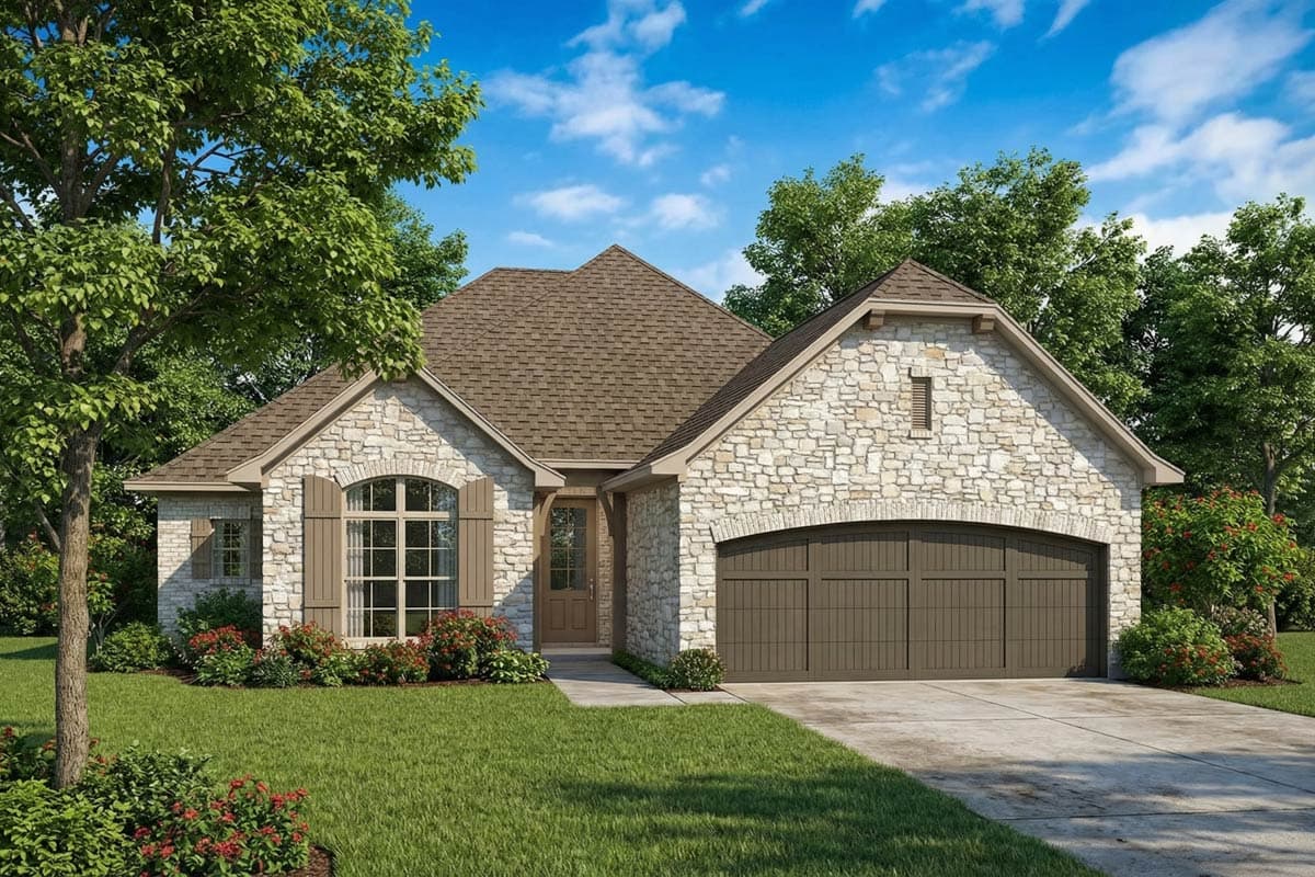 A stone-clad house with a brown roof and garage door sits amidst lush green lawns and landscaping, under a partly cloudy sky.