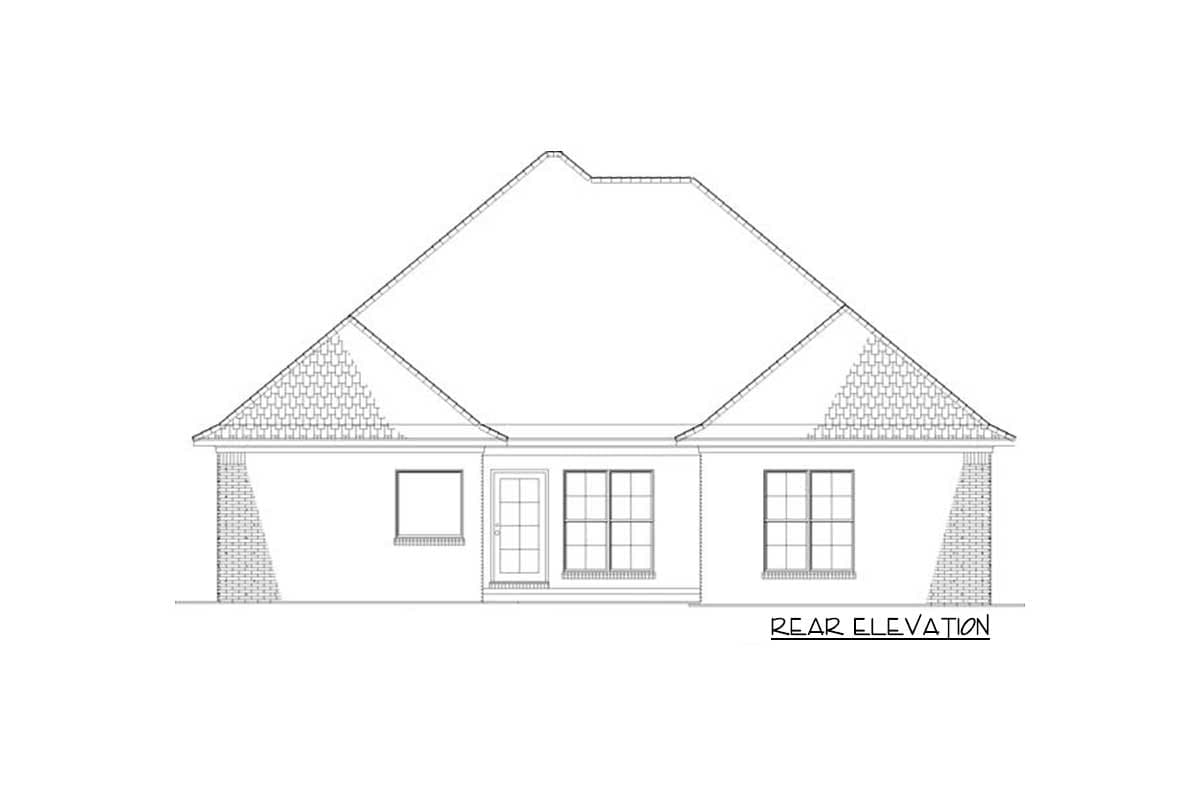 Rear elevation drawing of a house plan featuring a complex hip roofline, brick accents, and multiple windows.