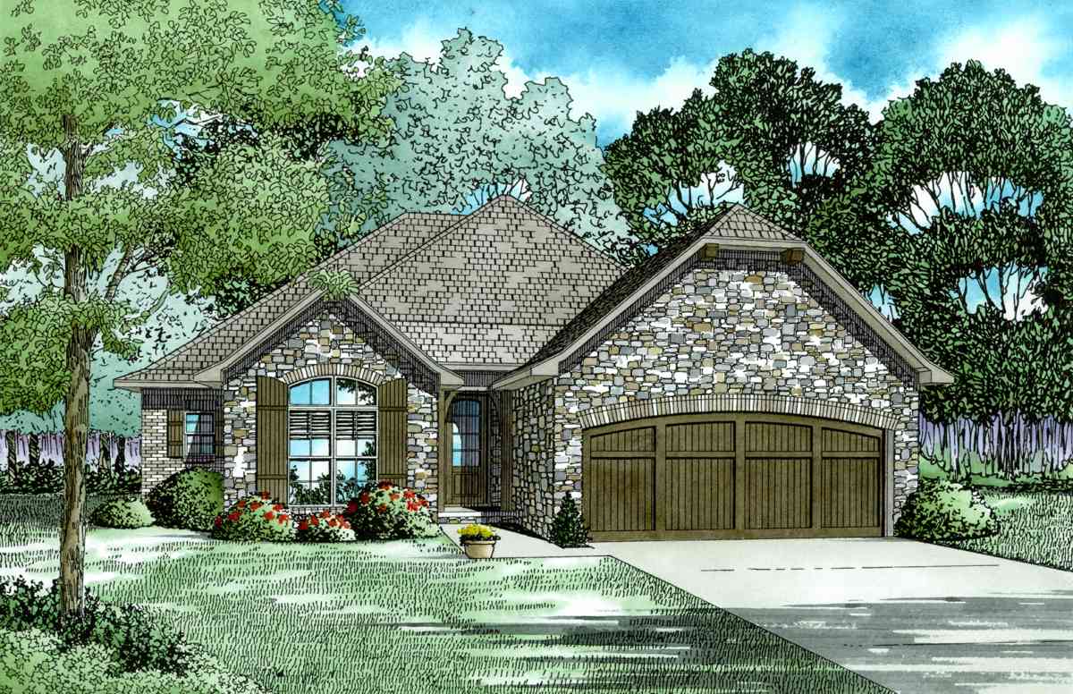 House plan exterior rendering of a one-story home with stone facade, arched garage door, and stone accents.