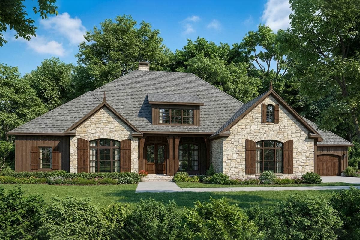 House plan exterior featuring stone and wood siding, prominent gables with decorative finials, arched windows, and a covered entrance.