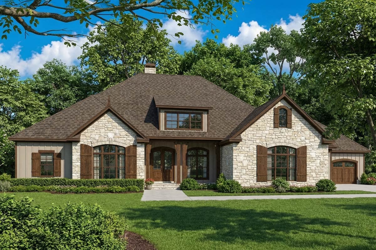 A two-story house with stone siding, wooden shutters, and a brown shingled roof is surrounded by green grass and lush trees.
