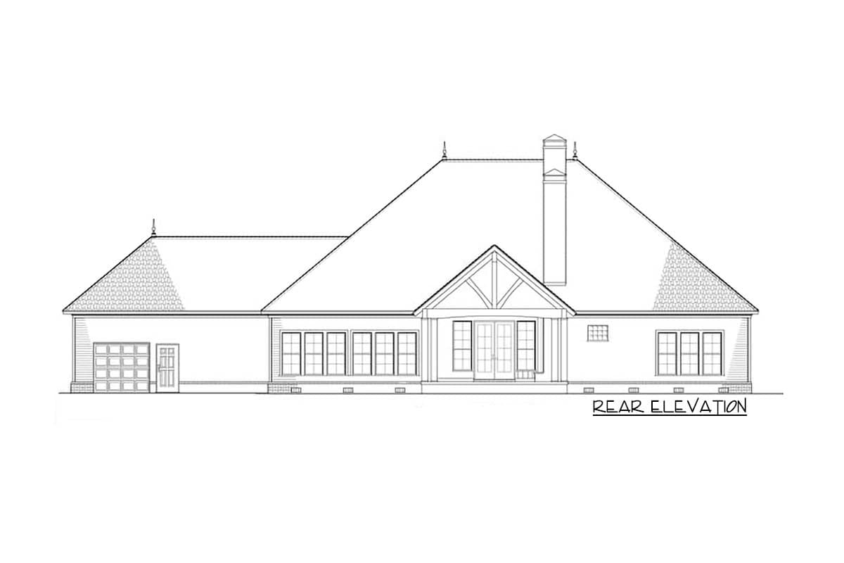 Rear elevation house plan with a gable entrance, dormer, chimney, and attached garage.
