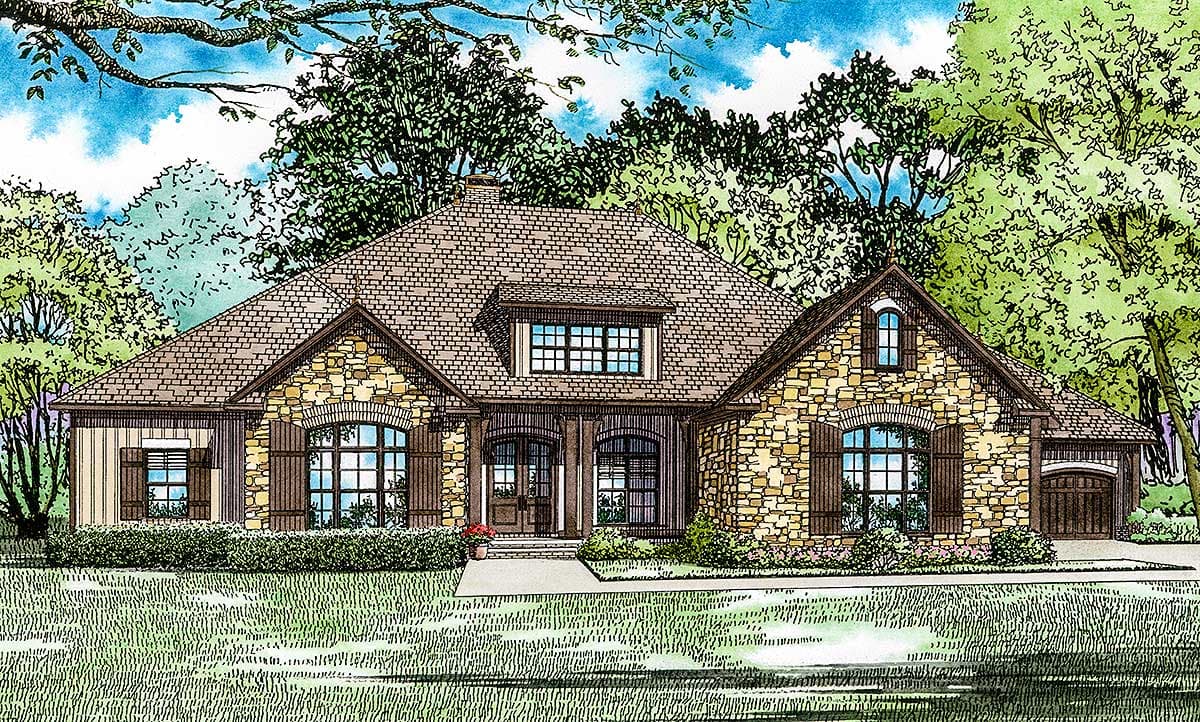 House plan exterior: One-story stone and wood home with a dormer, arched windows, double entry doors, and a detached garage.