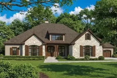 European House Plan with Timber Beam Ceilings