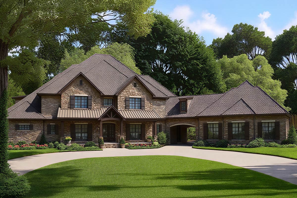 House plan exterior with stone veneer, gabled roof, and covered porch. Two-story design with attached garage and dormer windows.