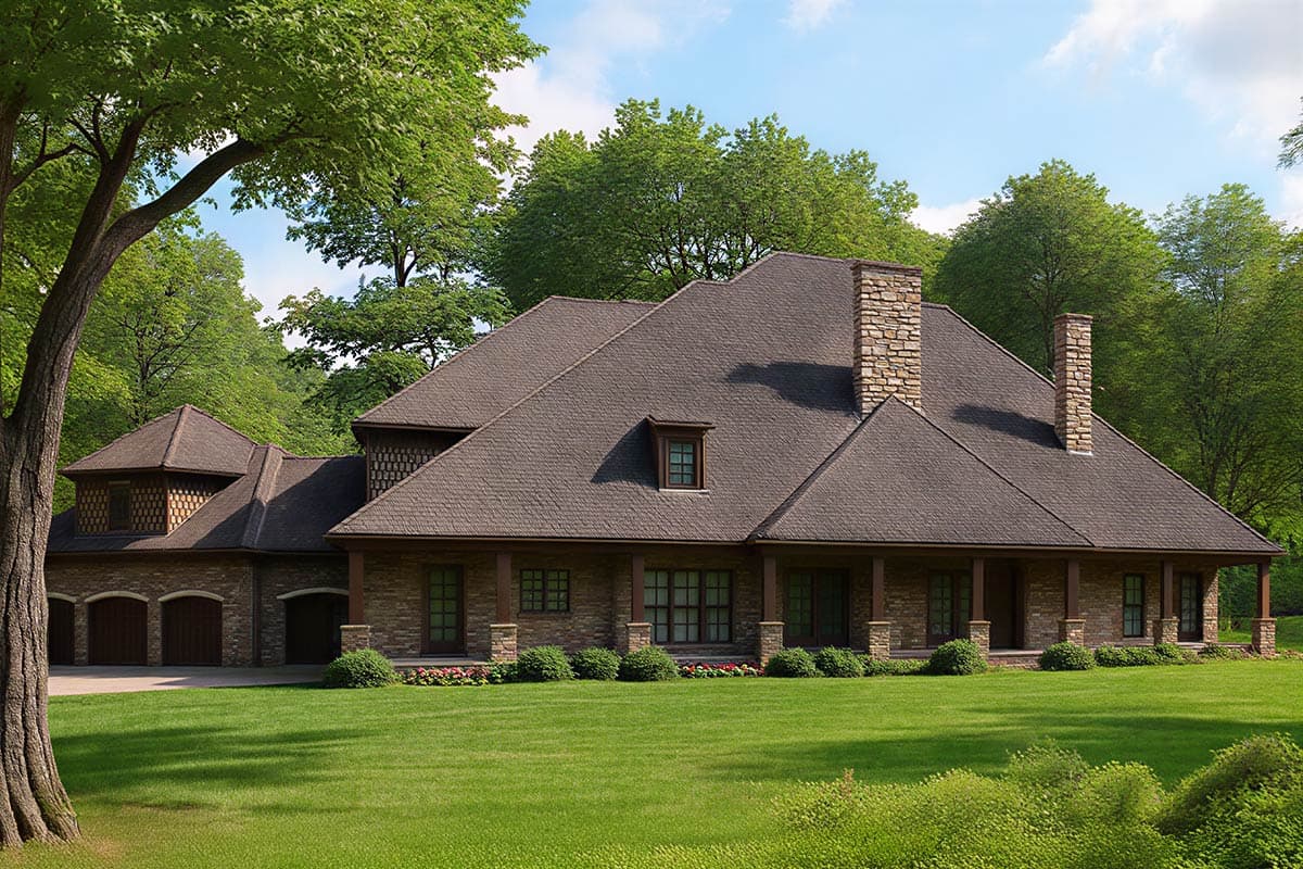 House plan exterior: Stone-clad home with a covered porch, multiple gables, dormers, and a three-car garage.