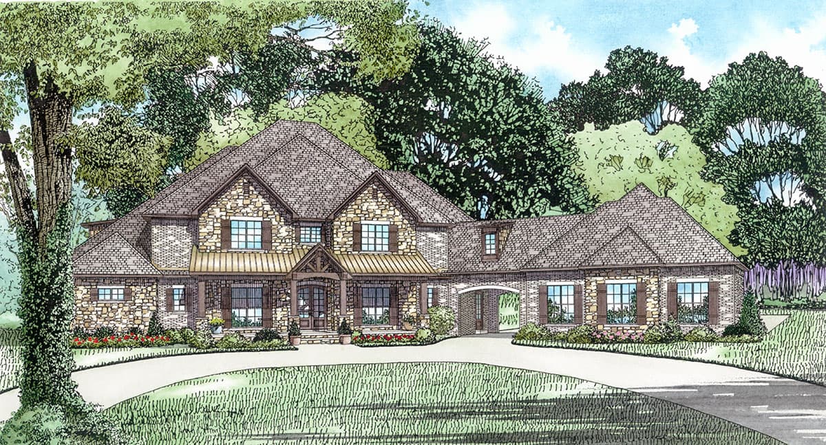 House plan exterior for a two-story home with stone and brick facade, prominent gables, covered entry, and detached garage.