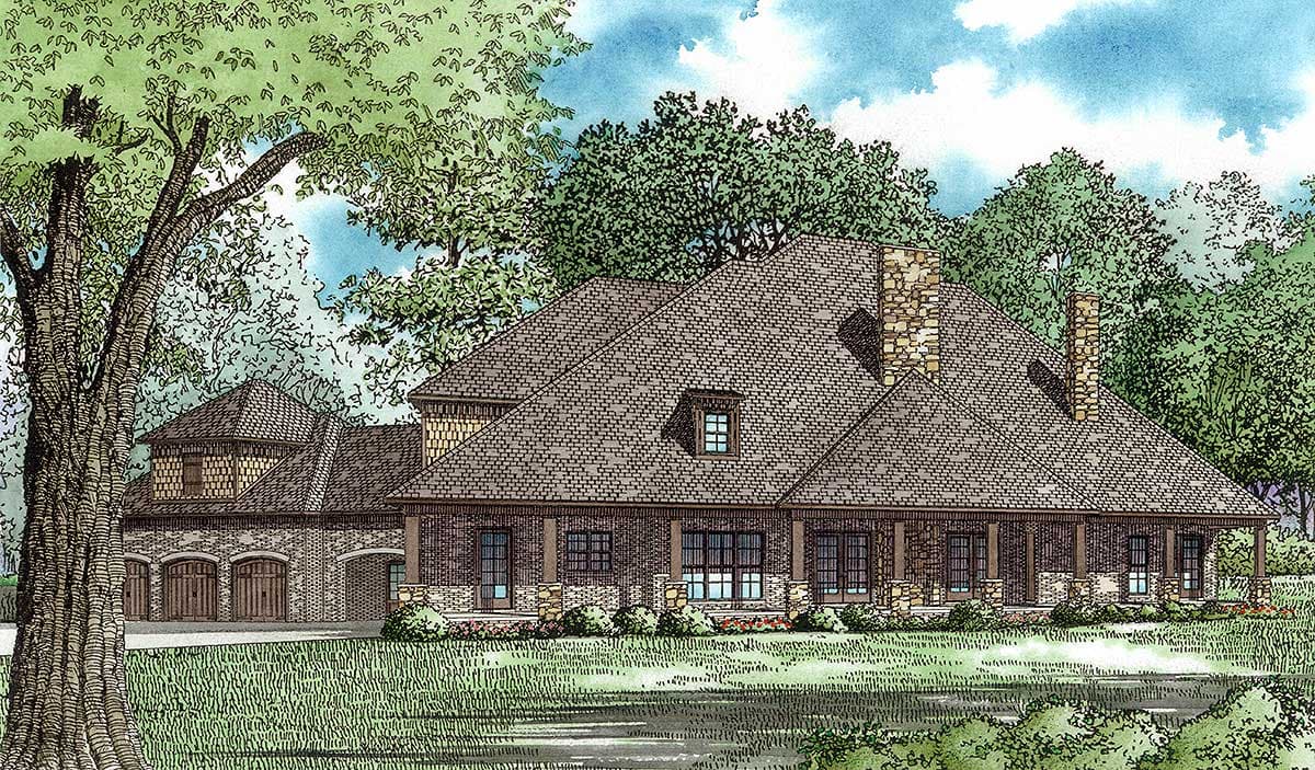 House plan exterior showing a two-story home with a wraparound porch, stone accents, multiple gables, and a three-car side-entry garage.