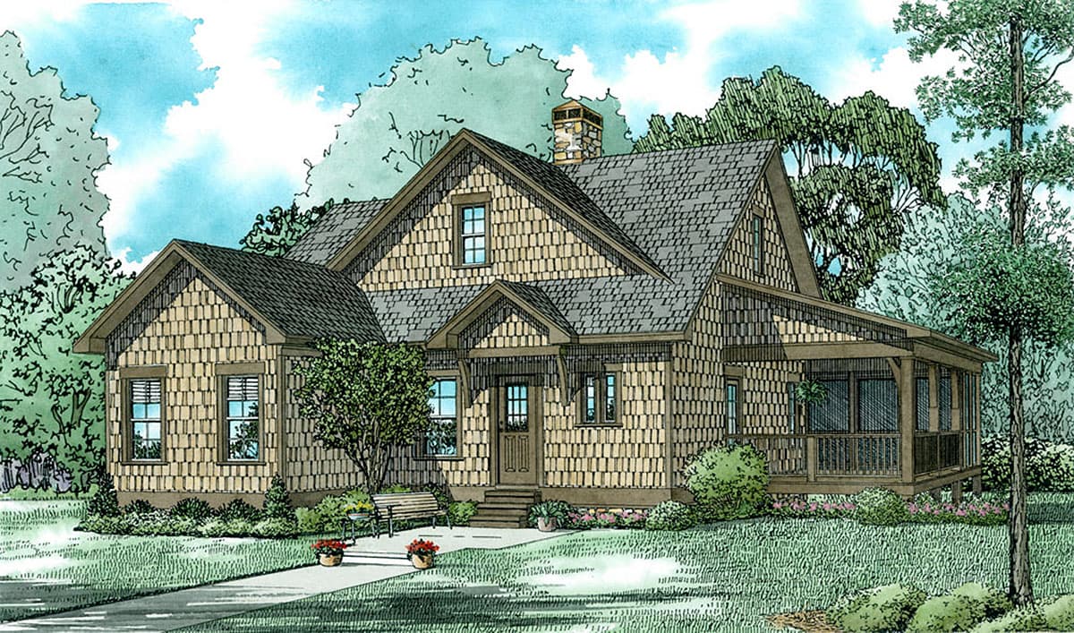 Craftsman house plan exterior with stone chimney, shingle siding, and screened porch.