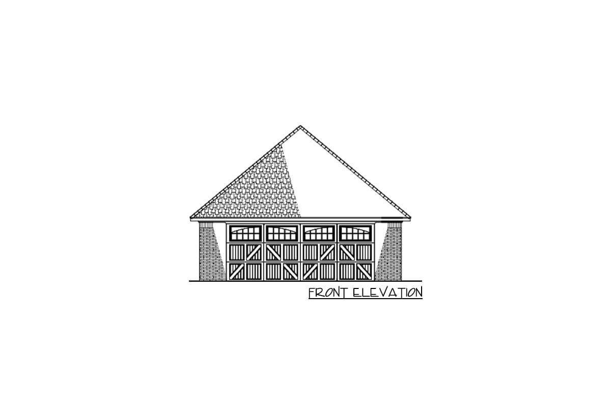 Front elevation of a house plan featuring a gable roof, three garage bays with arched windows, and brick columns.