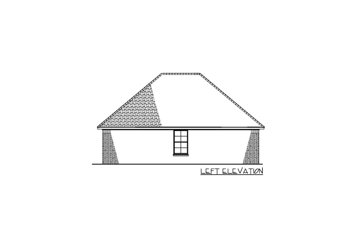 Left elevation house plan drawing showing brick piers, a single window, and a hipped roof with a dormer.