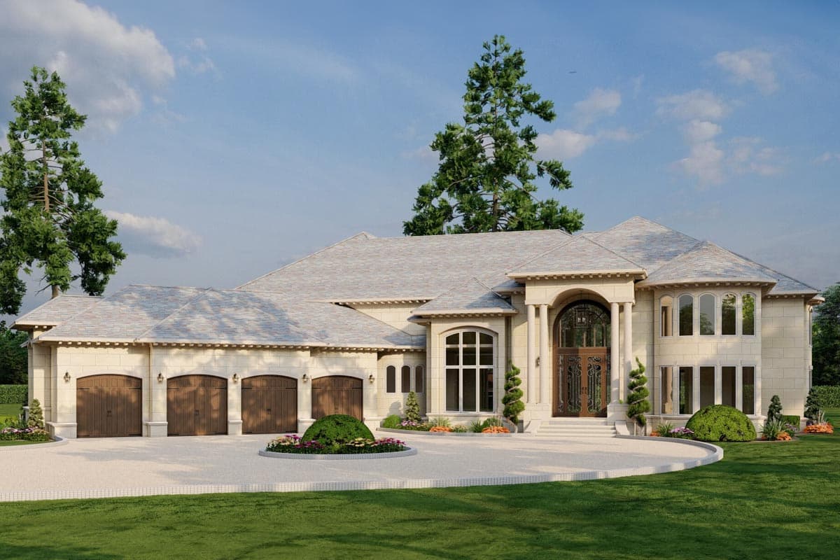 House plan exterior: Two-story home with a five-car garage, grand arched entryway with double doors, and stone facade.