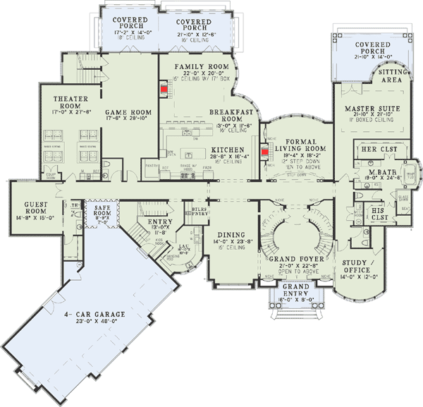 Plan 60656ND: 6-Bedroom European-style Southern Mansion House Plan with 8454 Square Feet - Floor Plan - Main Level - European, Rustic, Southern