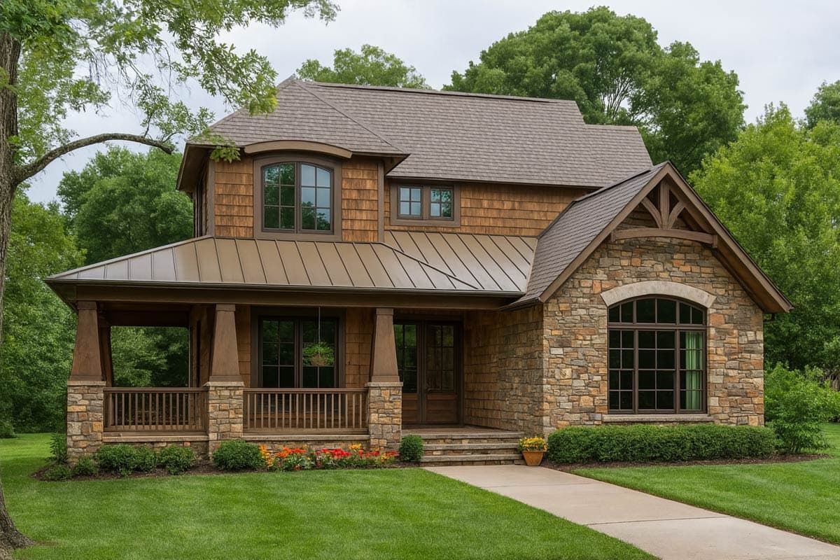 House plan exterior featuring Craftsman architectural style. Two-story home with a covered porch, stone facade, and multiple gables.