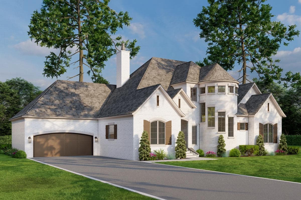 House plan exterior, traditional style, two stories, white brick, prominent gabled dormers, turrets, and arched garage.
