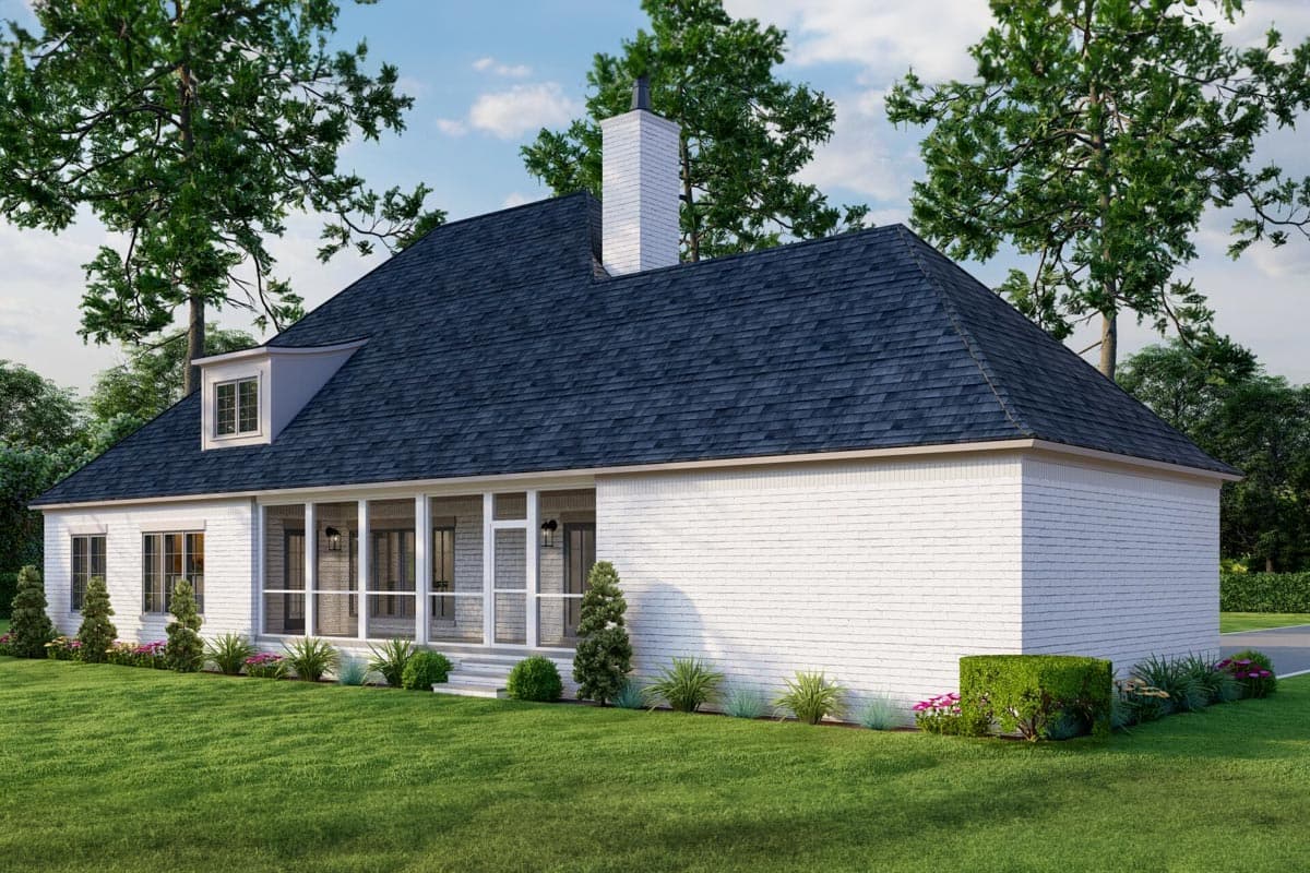 House plan exterior: One-story white brick home with screened porch, prominent chimney, and dormer window.