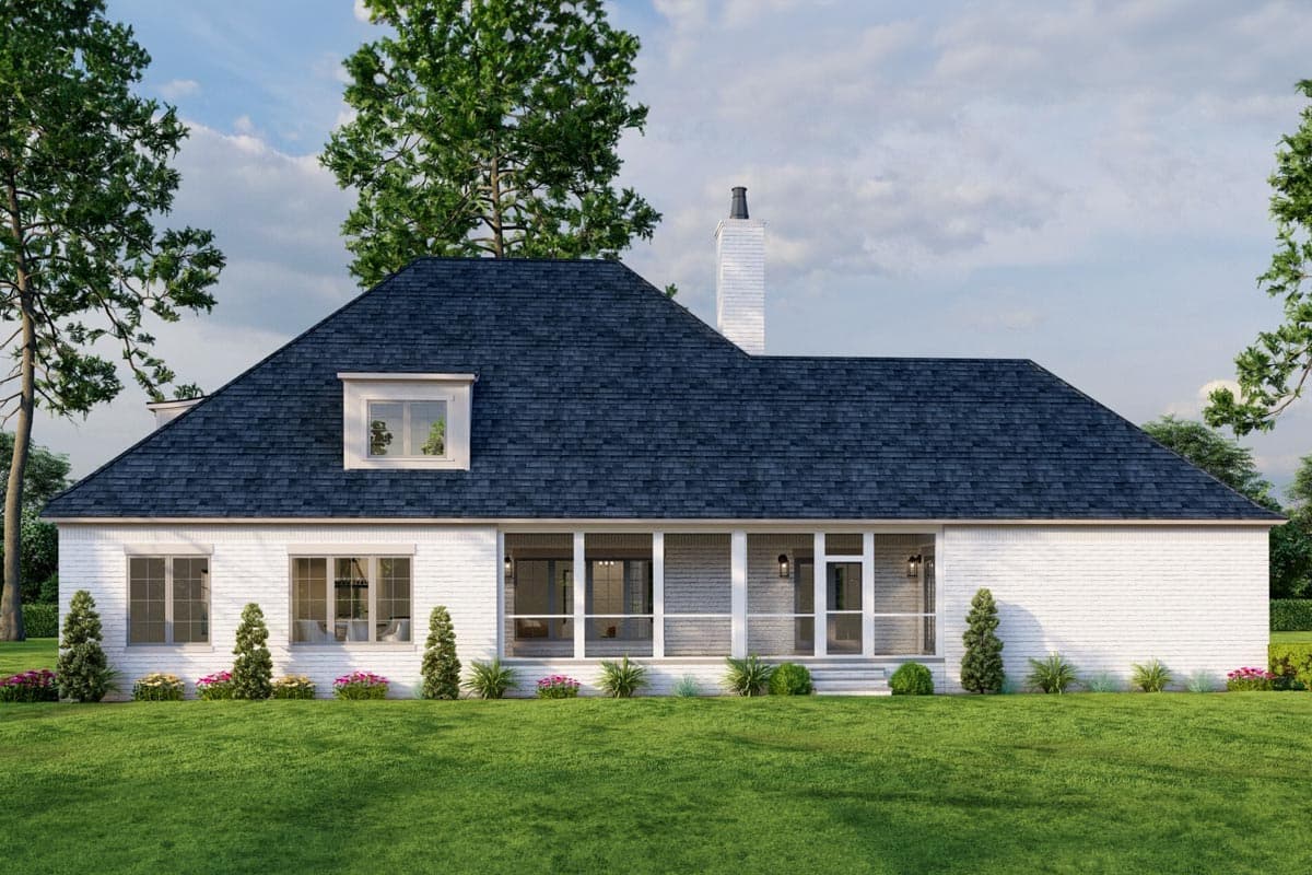House plan exterior: One-story white brick home with a dark shingle gambrel roof, dormer window, and a screened-in porch.