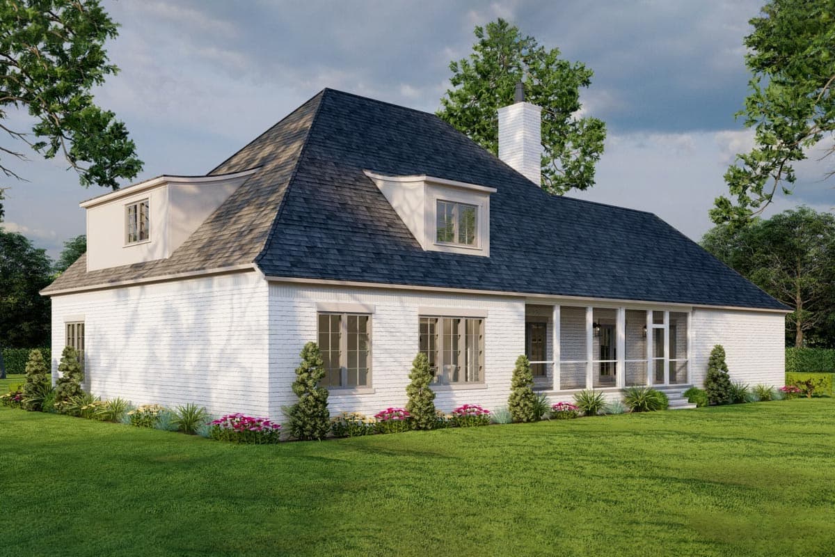 House plan exterior: white brick, gambrel roof, dormers, and screened porch.
