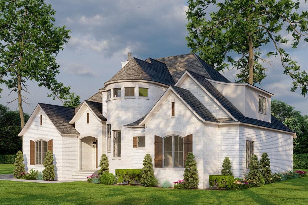 House plan exterior, two stories, white brick, curved turret with multiple windows, gables, and dormer.