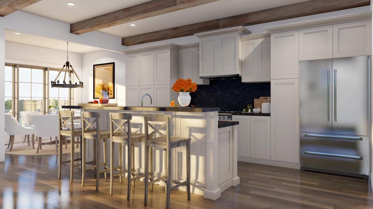 Interior rendering of a kitchen with a large island, white cabinetry, stainless steel refrigerator, and exposed wood beams.