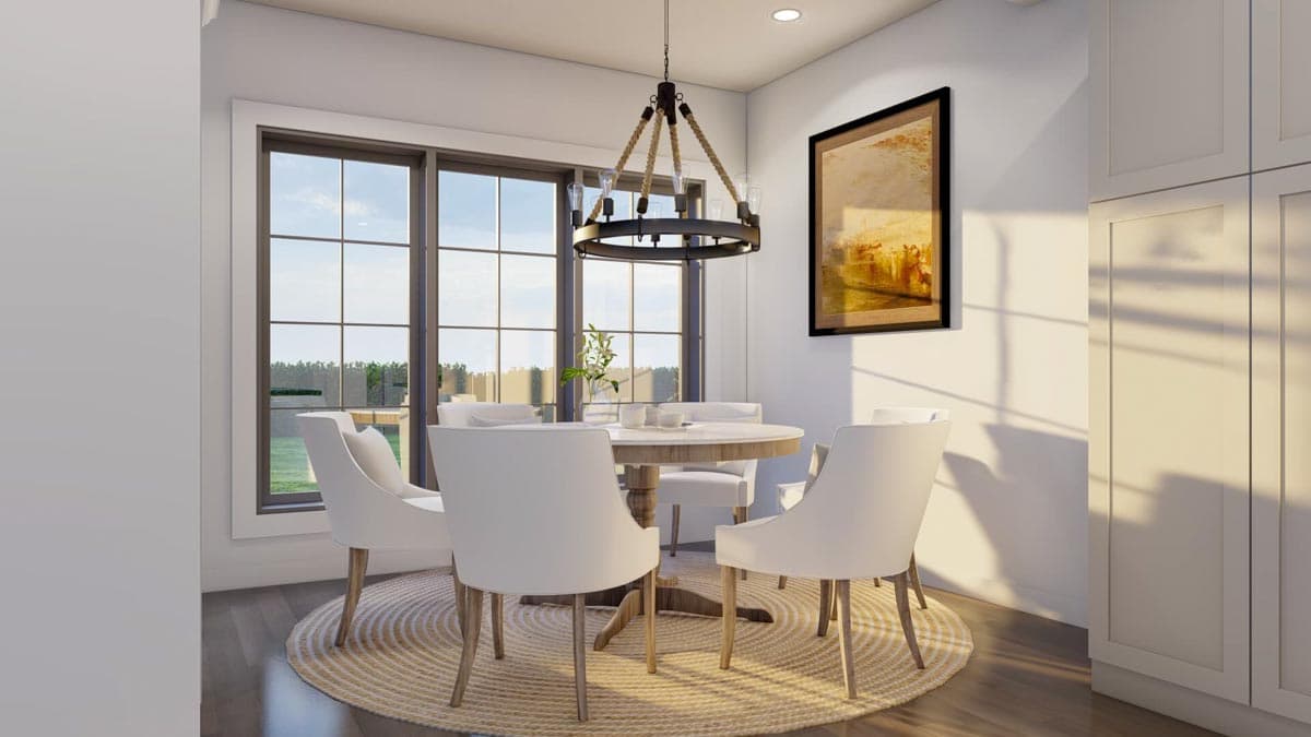 Dining room rendering with round table, white chairs, large grid windows, and built-in cabinetry.