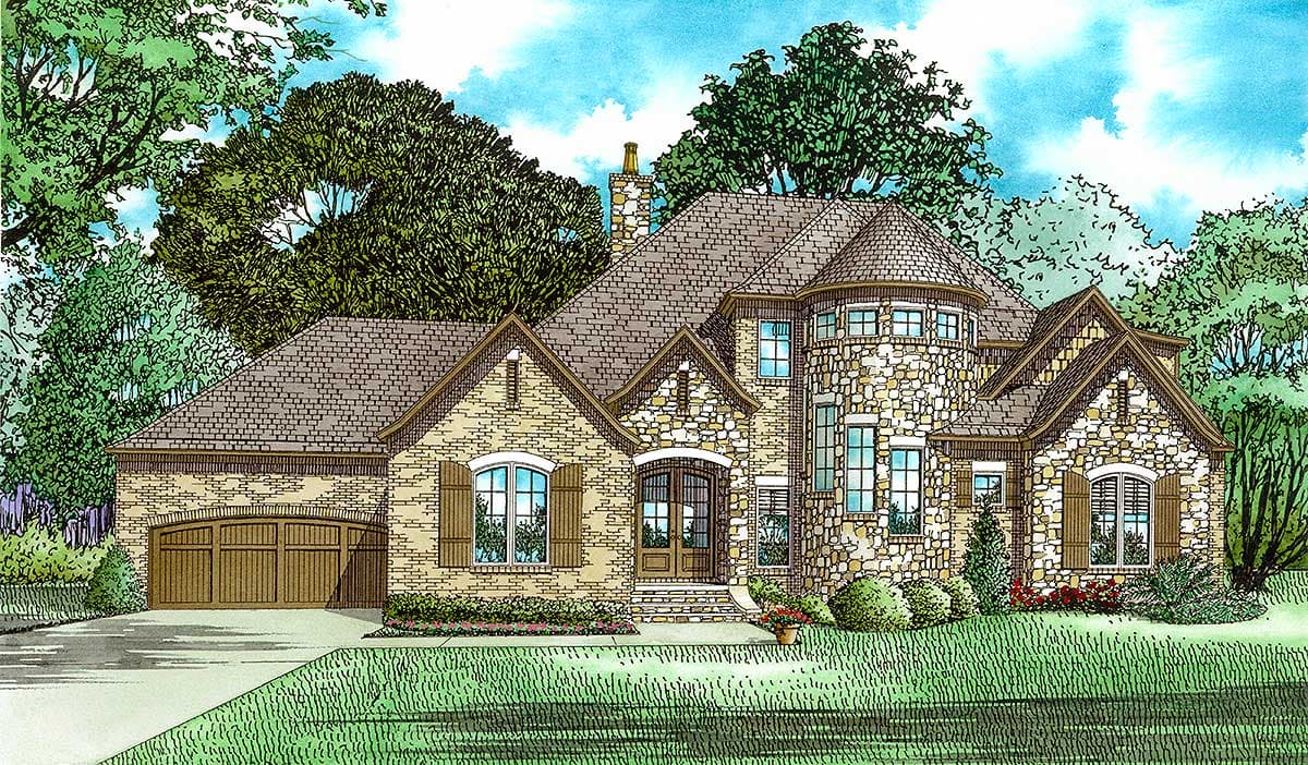 House plan exterior: Two-story stone and brick home with gables, dormers, arched windows, and a circular turret.